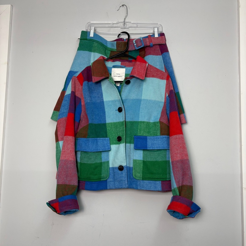 Free Assembly Womens Plaid Skirt Suit Set Viral L 12-14 Jacket Mini Wrap